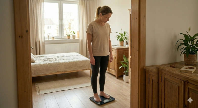 Kobieta stojąca na wadze łazienkowej